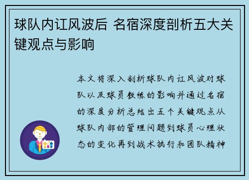 球队内讧风波后 名宿深度剖析五大关键观点与影响