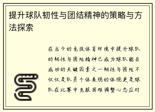 提升球队韧性与团结精神的策略与方法探索